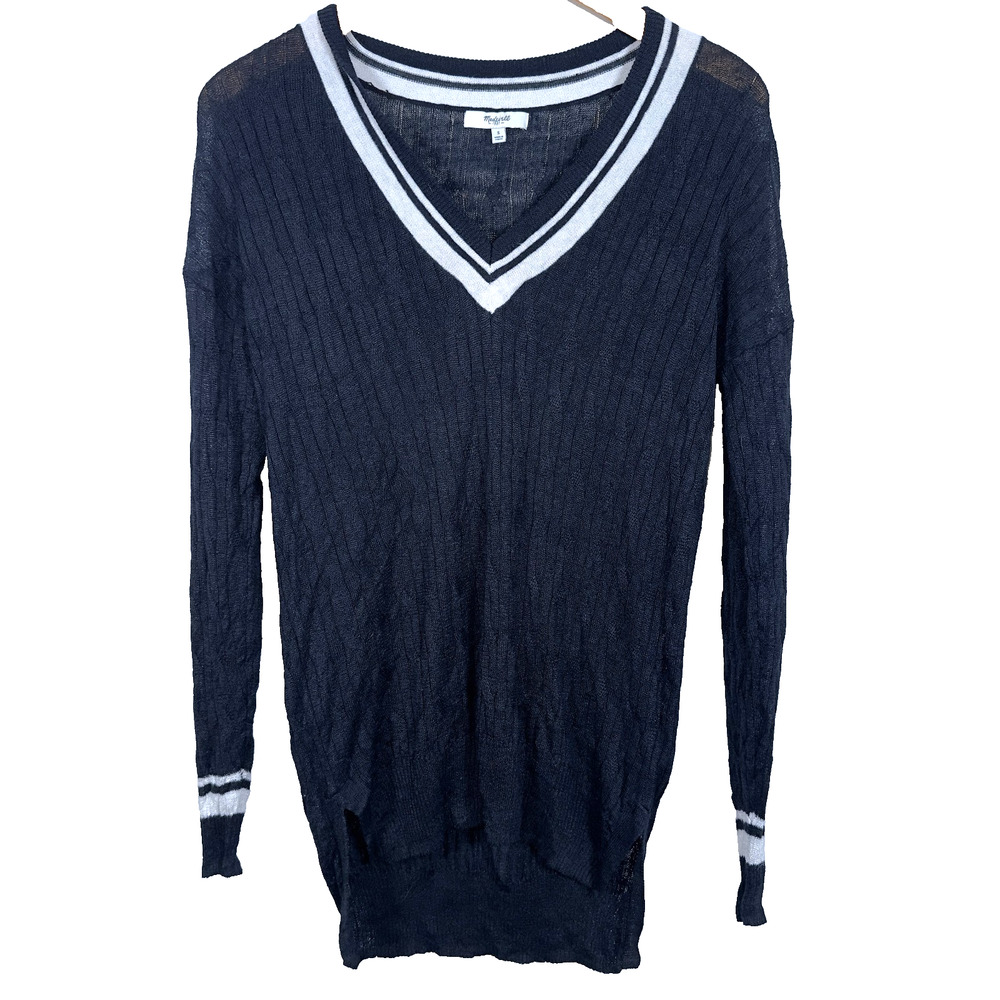Madewell Sweater Small Black White Pullover Knit 100% Linen Academia Long Sleeve